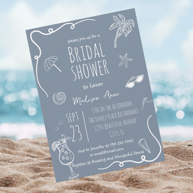 Dusty Blue Beach Doodles Bridal Shower Invitation (Creator Uploaded)