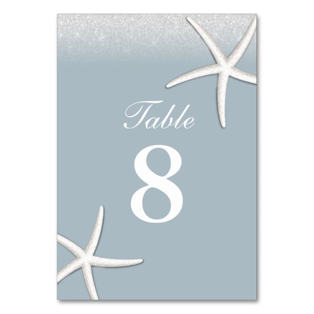 Dusty Blue Beach Starfish Wedding Table Numbers (Front)