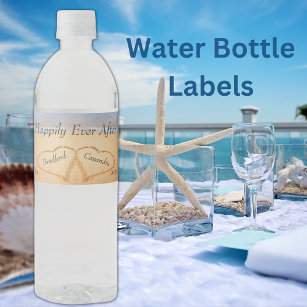 Dusty Blue Beach Wedding 2 Heart Sand Monogram Water Bottle Label