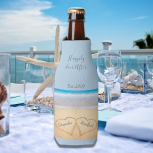 Dusty Blue Beach Wedding 2 Hearts Bottle Cooler