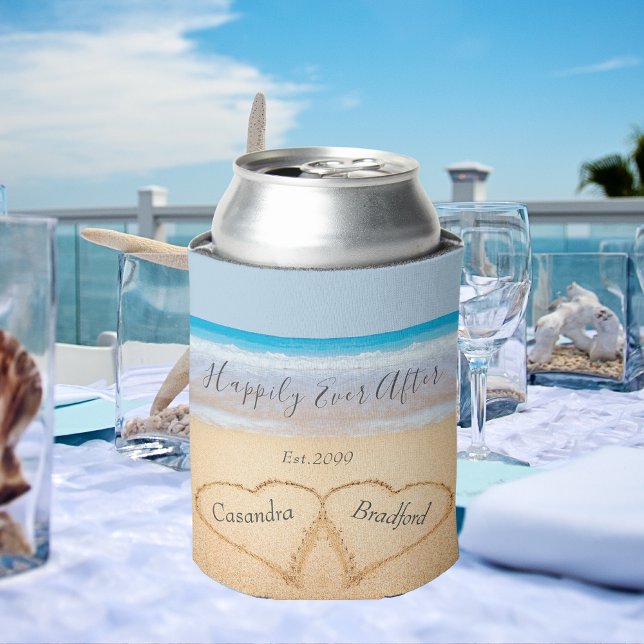 Dusty Blue Beach Wedding 2 Hearts  Can Cooler (Creator Uploaded)