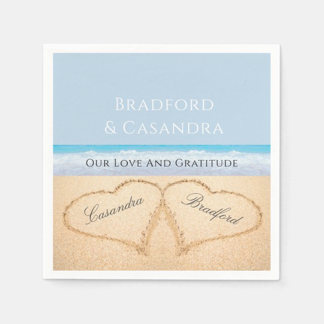  Dusty Blue Beach Wedding 2 Hearts in the Sand Napkin (Front)