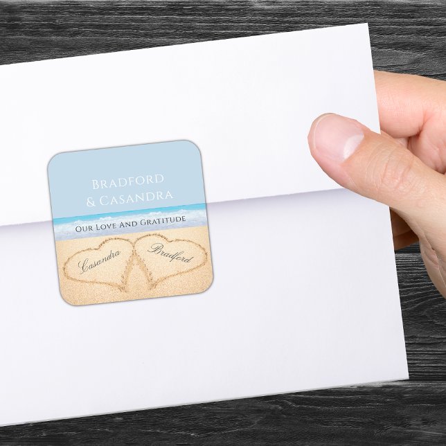 Dusty Blue Beach Wedding 2 Hearts in the Sand   Square Sticker (Creator Uploaded)