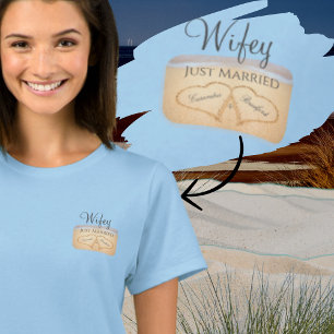 Dusty Blue Beach Wedding 2 Hearts Sand T-Shirt
