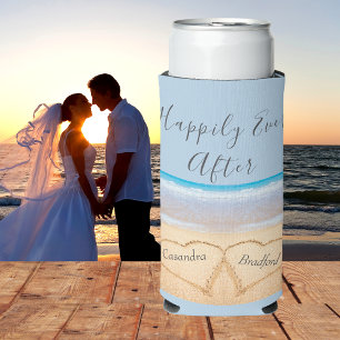 Dusty Blue Beach Wedding 2 Hearts Seltzer Can Cooler