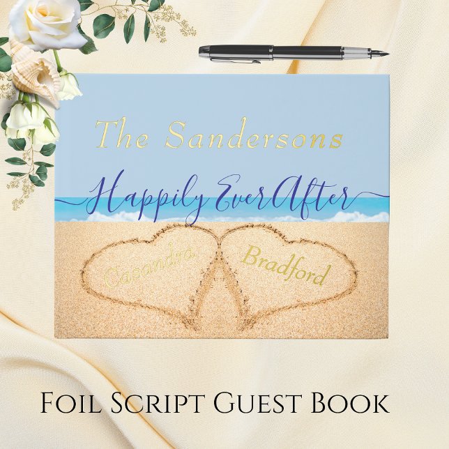  Dusty Blue Beach Wedding Gold or Silver Script Guest Book (Creator Uploaded)
