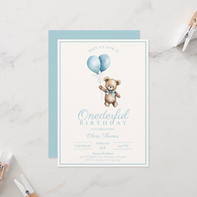 Dusty Blue Bear Boy First Birthday Invitation (Front/Back In Situ)