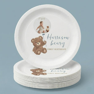 Dusty Blue Bear First Birthday Photo - Boy Bear  Paper Plate
