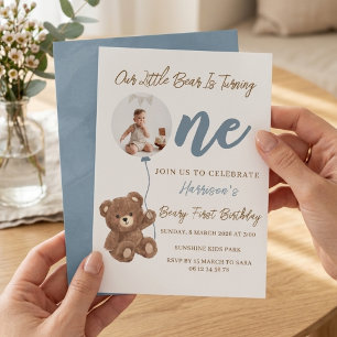 Dusty Blue Bear First Birthday Photo Invitation -