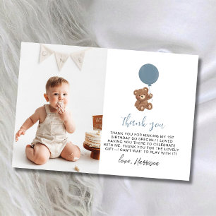 Dusty Blue Bear First Birthday Photo Thank You Car Card