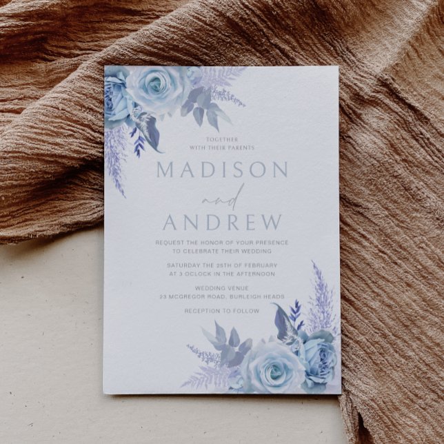 Dusty Blue Beautiful Floral Wedding Invitation