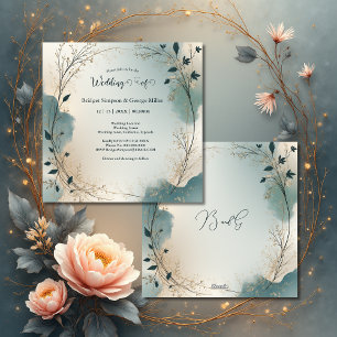 Dusty Blue Beige Boho Chic foliage wreath Wedding Invitation