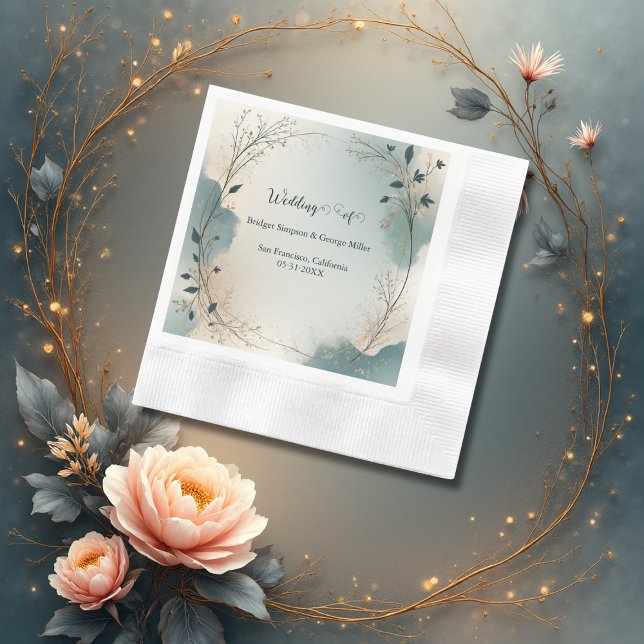 Dusty Blue Beige Boho Chic foliage wreath Wedding Napkin (Creator Uploaded)