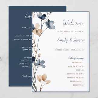 Dusty Blue Beige Botanical Modern Elegant Wedding Programme