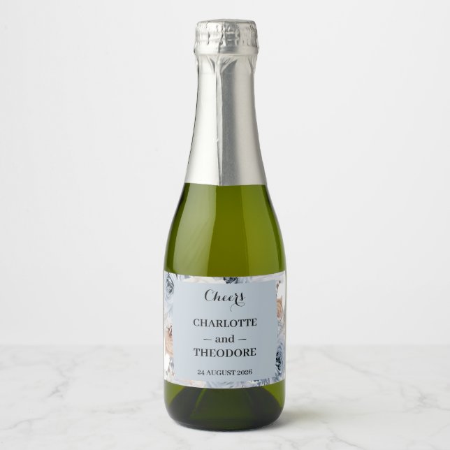Dusty Blue Beige Floral Boho Mini Champagne Label (Front)