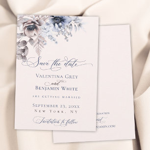 Dusty blue beige floral elegant Save the Date