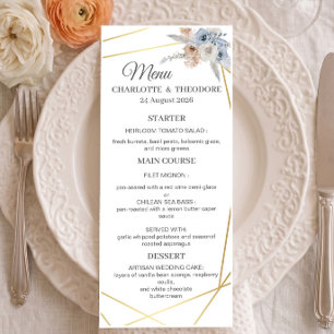 Dusty Blue Beige Floral Gold Geometric Dinner Menu