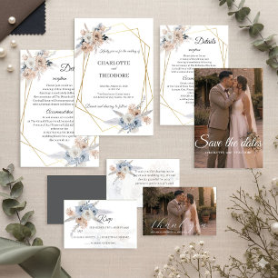 Dusty Blue Beige Floral Gold Geometric Invitation