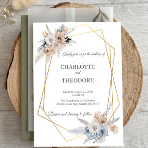 Dusty Blue Beige Floral Gold Geometric Invitation