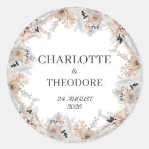 Dusty Blue Beige Floral Round Wedding Favour Seals