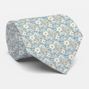 Dusty Blue Beige Floral Wedding Groom Groomsman Tie