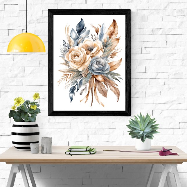 Dusty Blue Beige Neutral Colours Floral Boho  Poster (Boho Dusty Blue Beige Floral Botanical Feathers Watercolor Wall Art poster print)