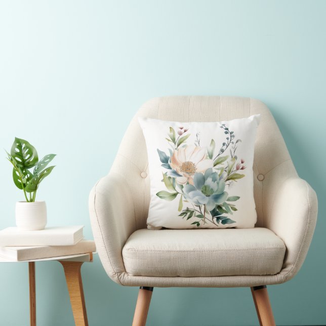 Dusty Blue Beige Peach Watercolor Floral Cushion (Chair)