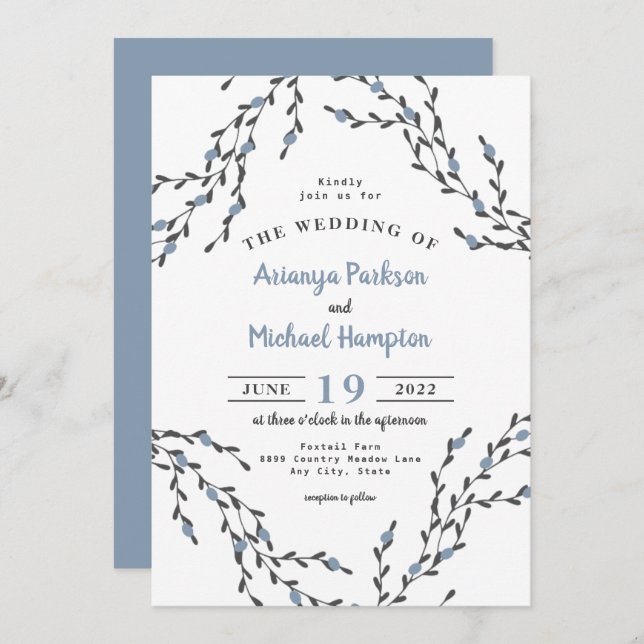 Dusty Blue Berry Wreath Wedding Invitation (Front/Back)