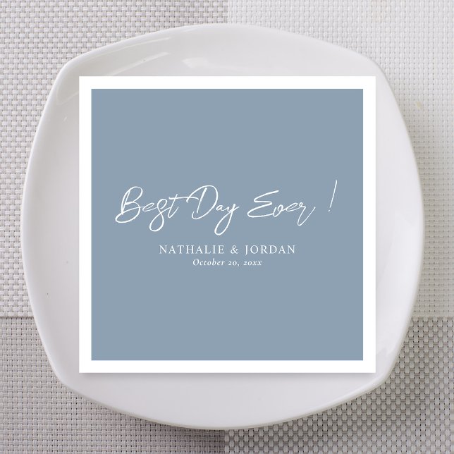 Dusty Blue Best Day Ever Custom Wedding Napkin (Dusty blue Best Day Ever wedding napkins with white custom script and names.)