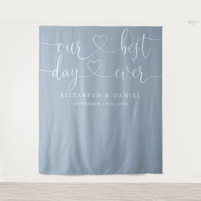 Dusty Blue Best Day Ever Heart Script Wedding Tapestry (Front)