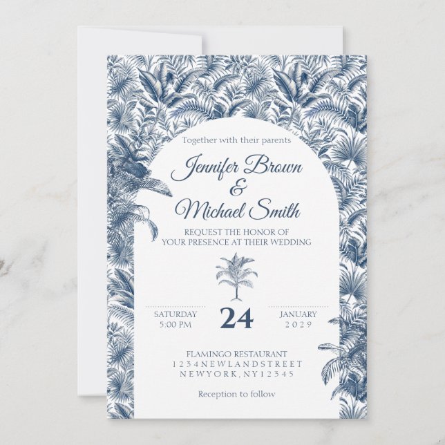 Dusty Blue Big Palm Tree Botanical Arch Wedding Invitation (Front)