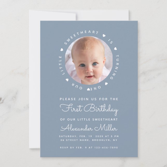 Dusty Blue Birthday Boy Photo Little Sweetheart  Invitation (Front)