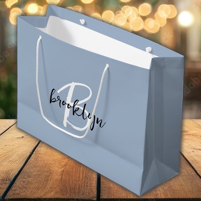 Dusty Blue Black and White Monogram Large Gift Bag (Creator Uploaded)