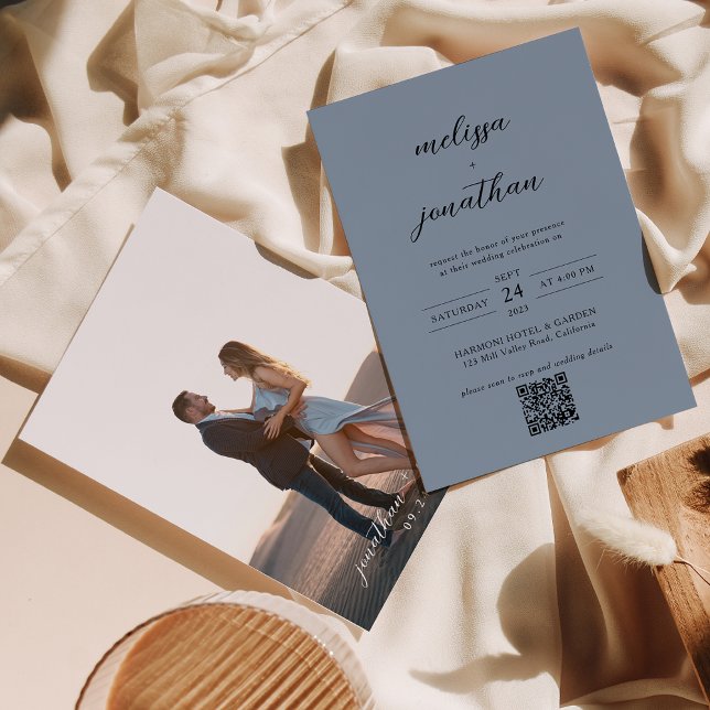 Dusty Blue & Black Script Photo QR Code Wedding Invitation (Creator Uploaded)