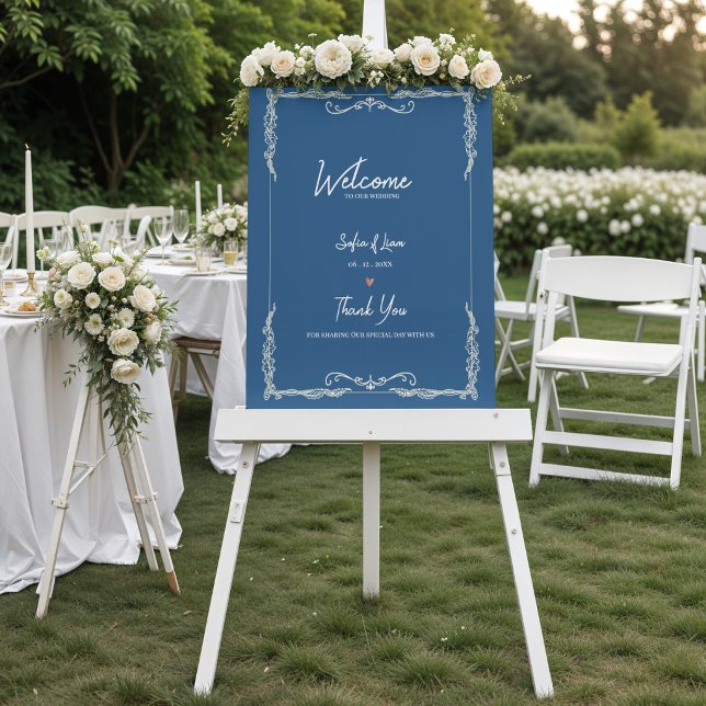 Dusty Blue Black Tie Wedding Welcome Poster (Dusty Blue Wedding Welcome Sign Elegant Black Tie Wedding Welcome Poster)
