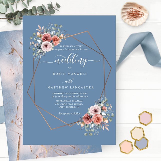 Dusty Blue Blissful Floral Geometrical Wedding Invitation (Creator Uploaded)