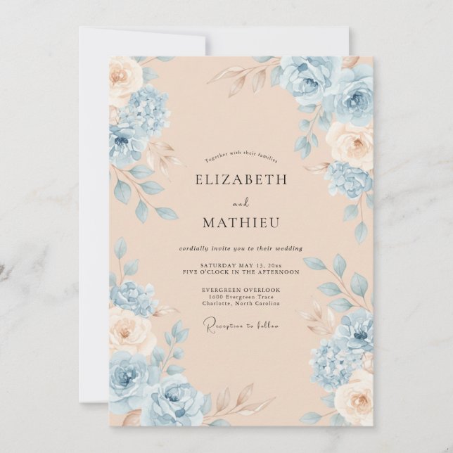 Dusty Blue Bloom Wedding Invitation (Front)