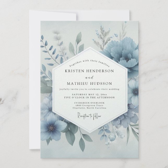 Dusty Blue Bloom Whimsy Wedding Invitation (Front)