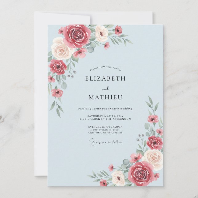 Dusty Blue Blooming Flourish Wedding Invitation (Front)