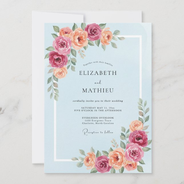 Dusty Blue Blooming Romance Wedding Invitation (Front)