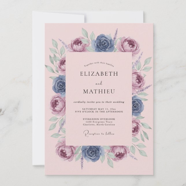 Dusty Blue Blossom Artistry Wedding Invitation (Front)
