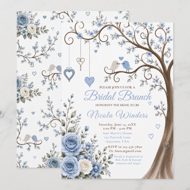 Dusty Blue Blossom Bridal Brunch Invitation (Front/Back)