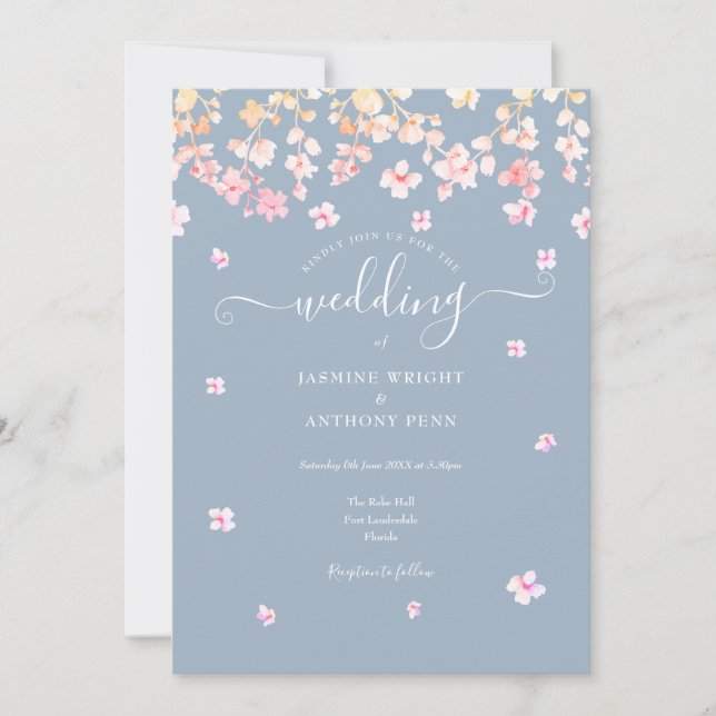 Dusty Blue Blossom Floral Wedding Invitation (Front)