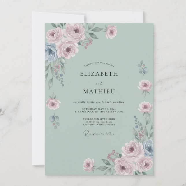 Dusty Blue Blossom Romantic Wedding Invitation (Front)