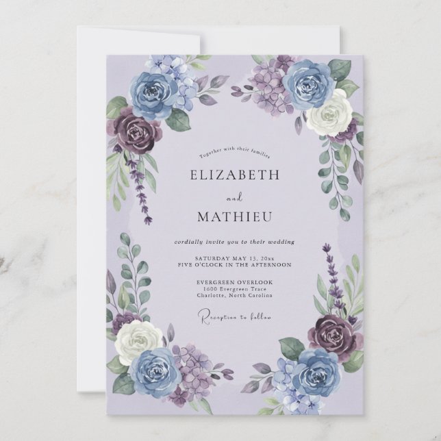 Dusty Blue Blossom Wreath Wedding Invitation (Front)