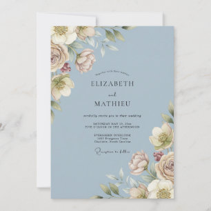 Dusty Blue Blossoming Romance Wedding Invitation