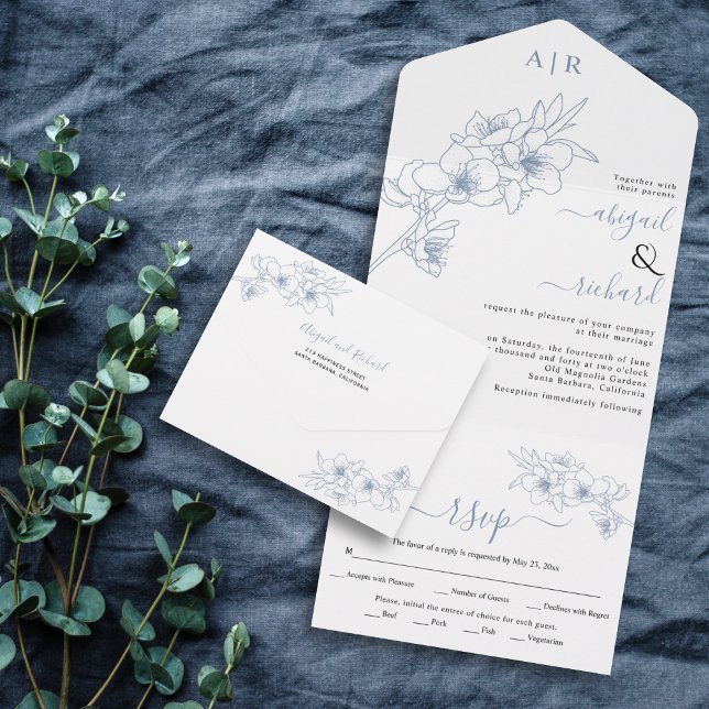 Dusty blue blossoms line art wedding all in one invitation (Creator Uploaded)