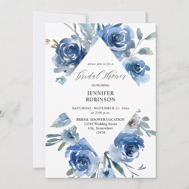 Dusty Blue & Blue Floral Bridal Shower Invitation (Front)