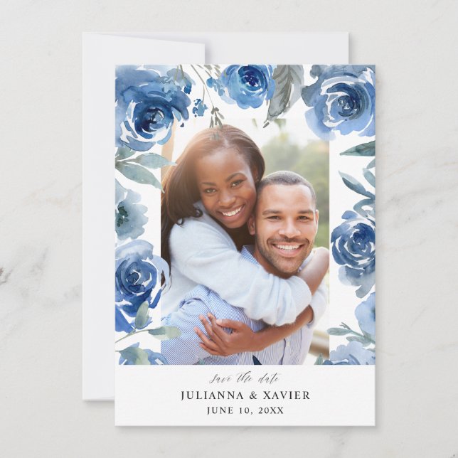 Dusty Blue & Blue Floral Save The Date Photo (Front)