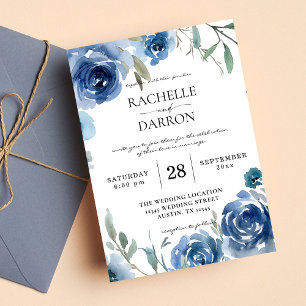 Dusty Blue & Blue Floral Wedding Invitation